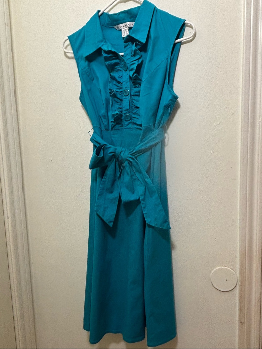 Studio AA Women’s 14WP Sleeveless Teal Ruffle-Front Button-Down Tie-Waist Dress